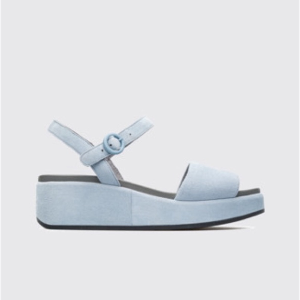 EUC CAMPER Women's Misia Platform Wedge Sandal Gray Blue Ankle Strap Leather 37